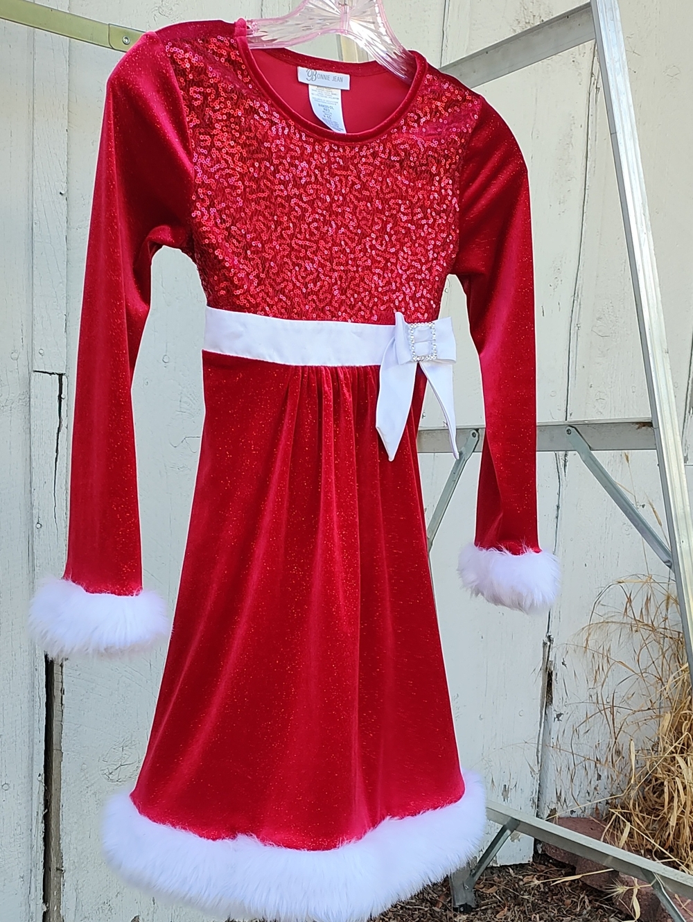 Bonnie Jean Red Velvet Holiday Dress White Fur Trim Satin Bow Sequins Bodice 10